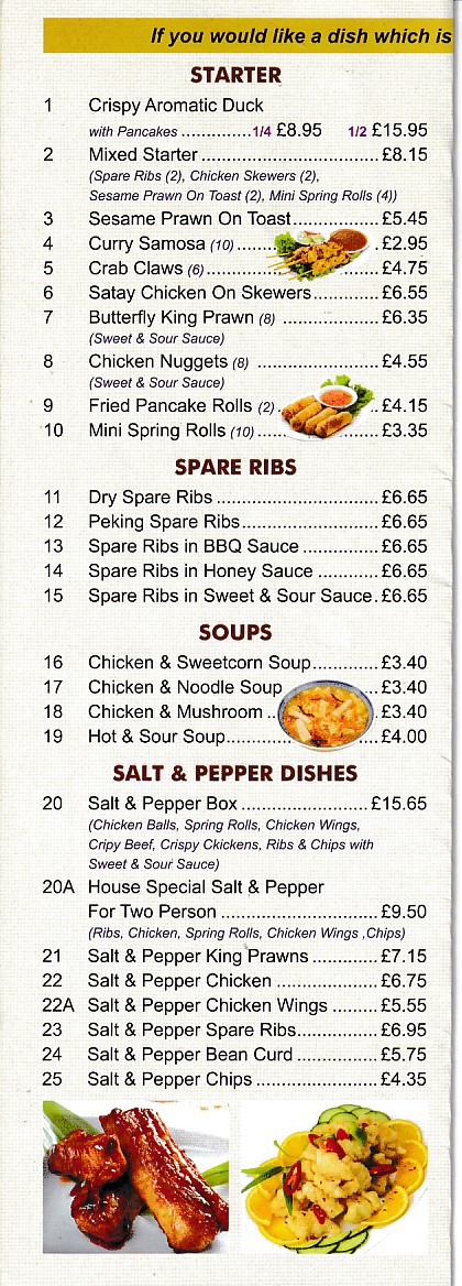 Menu of Angel's, Chinese takeaway in Barry