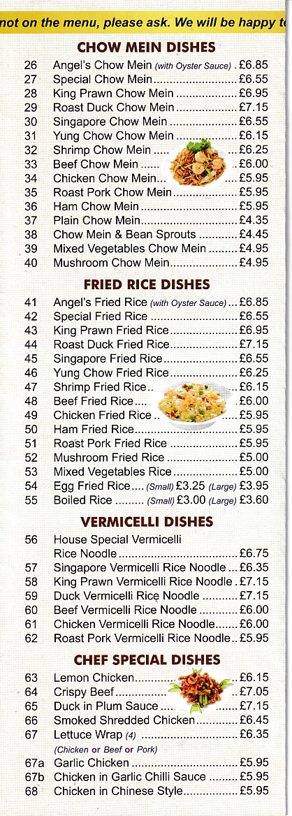 Menu of Angel's, Chinese takeaway in Barry