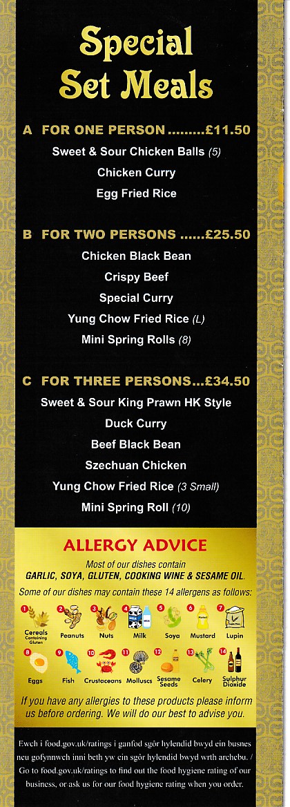 Menu of Angel's, Chinese takeaway in Barry