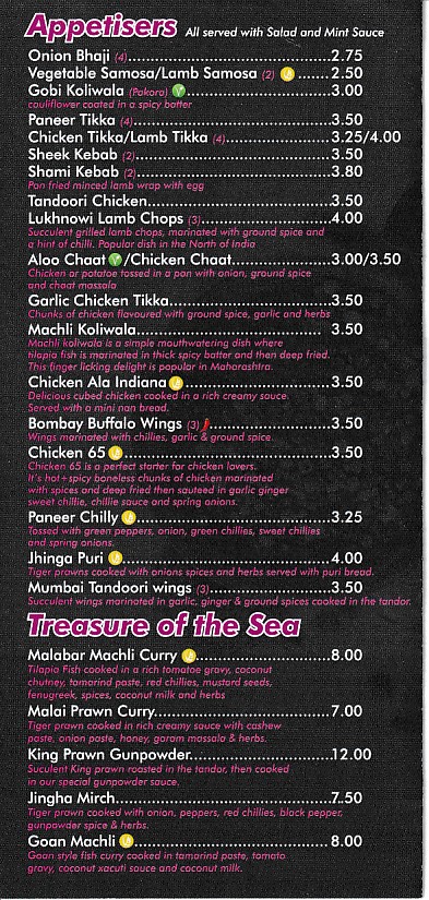 Menu of Kalimirch, Indian takeaway in Barry