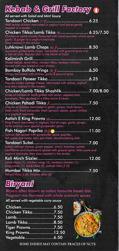 Menu of Kalimirch, Indian takeaway in Barry