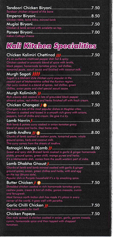 Menu of Kalimirch, Indian takeaway in Barry