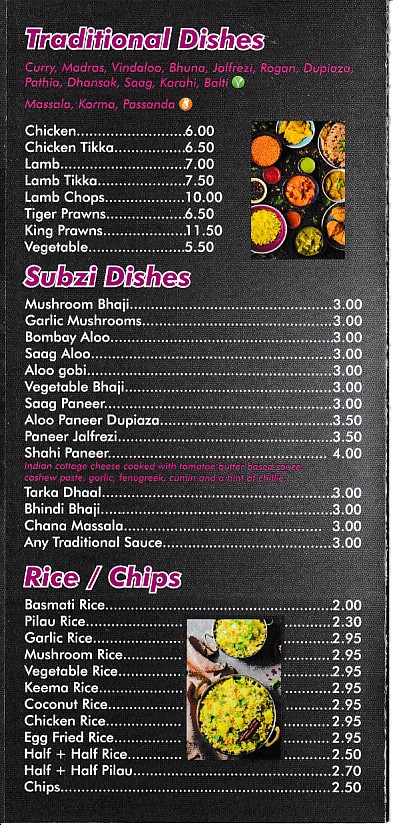 Menu of Kalimirch, Indian takeaway in Barry