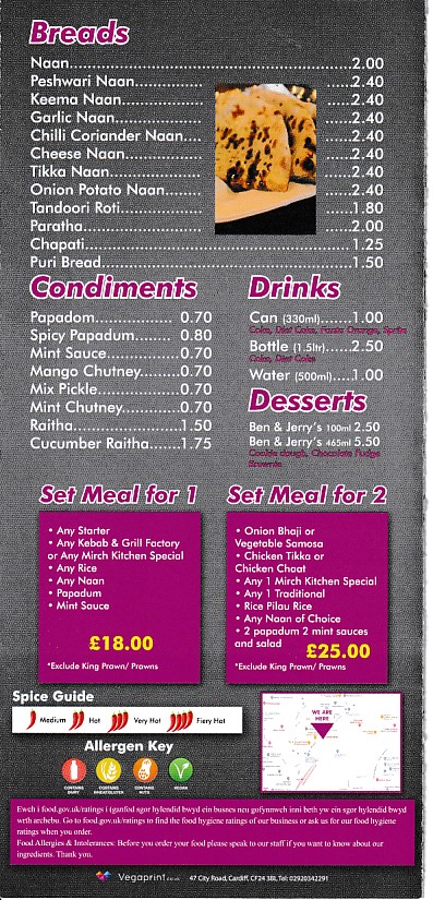 Menu of Kalimirch, Indian takeaway in Barry