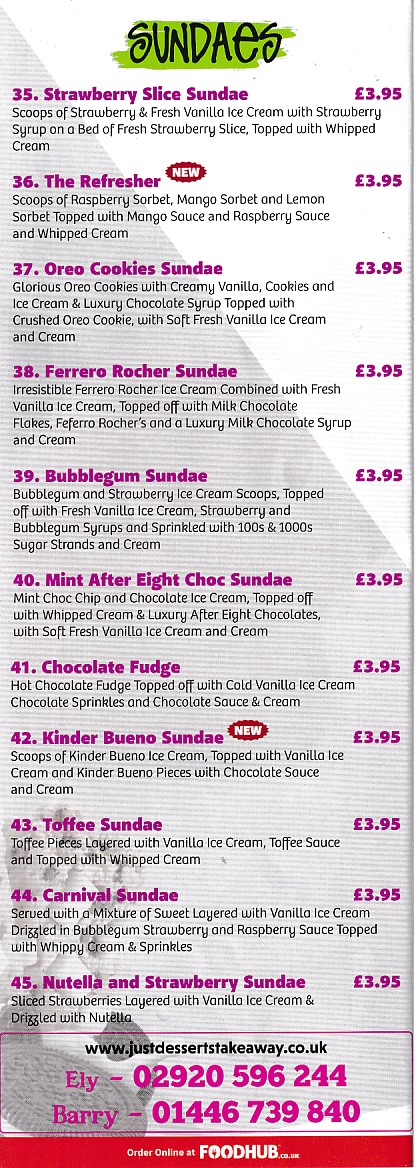 Menu of Just Desserts Barry