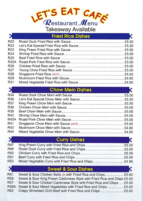 Menu of Let's Eat Cafe Chinese Food in Barry