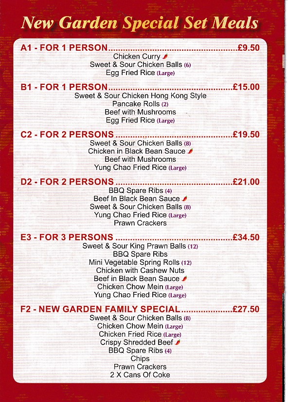 Menu of New Garden, Chinese Takeaway in Barry