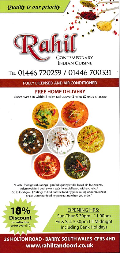 Menu of Rahil,Indian takeaway in Barry