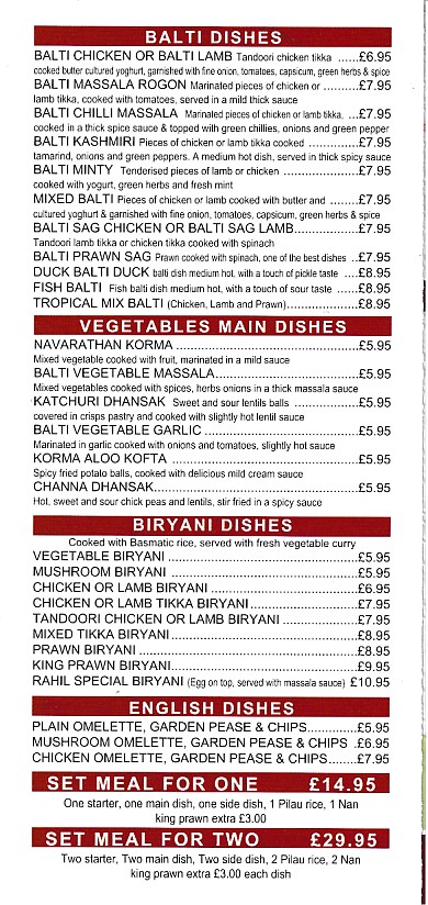 Menu of Menu of Rahil,Indian takeaway in Barry