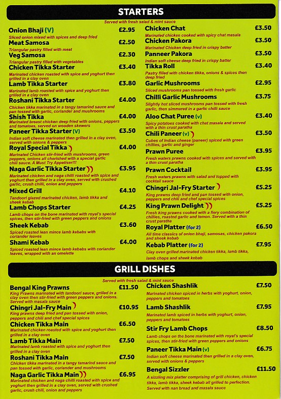 Menu of Royal Balti Indian takeaway in Barry