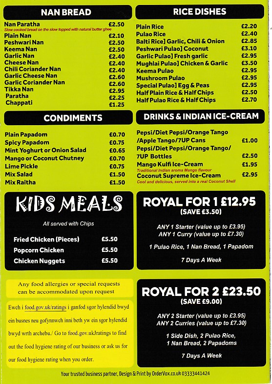 Menu of Royal Balti Indian takeaway in Barry