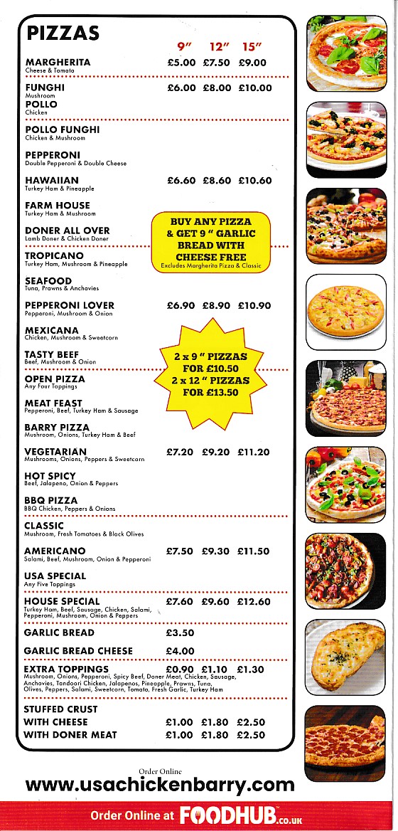 menu of USA kebabs takeaway in Barry