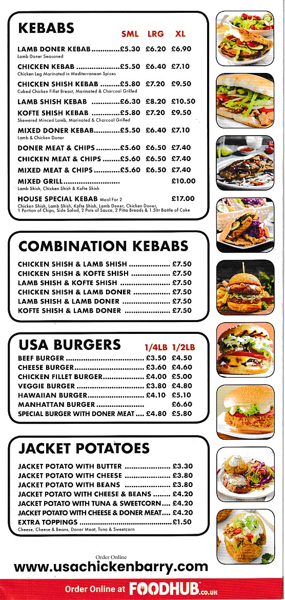 menu of USA kebabs takeaway in Barry