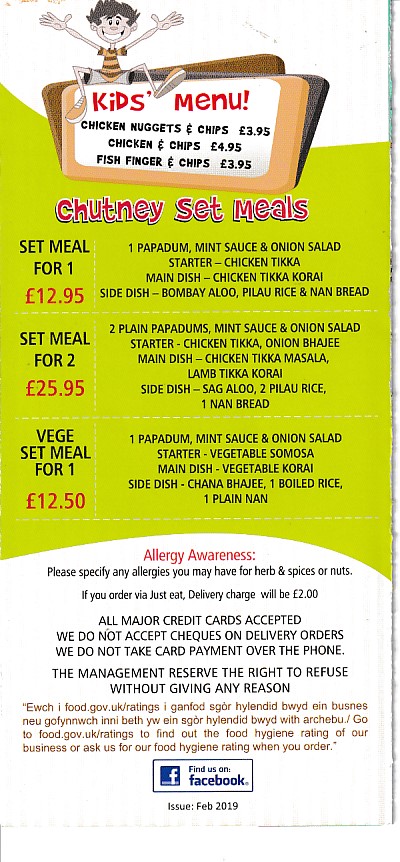 Menu of Chutney,Indian Takeaway in Penarth