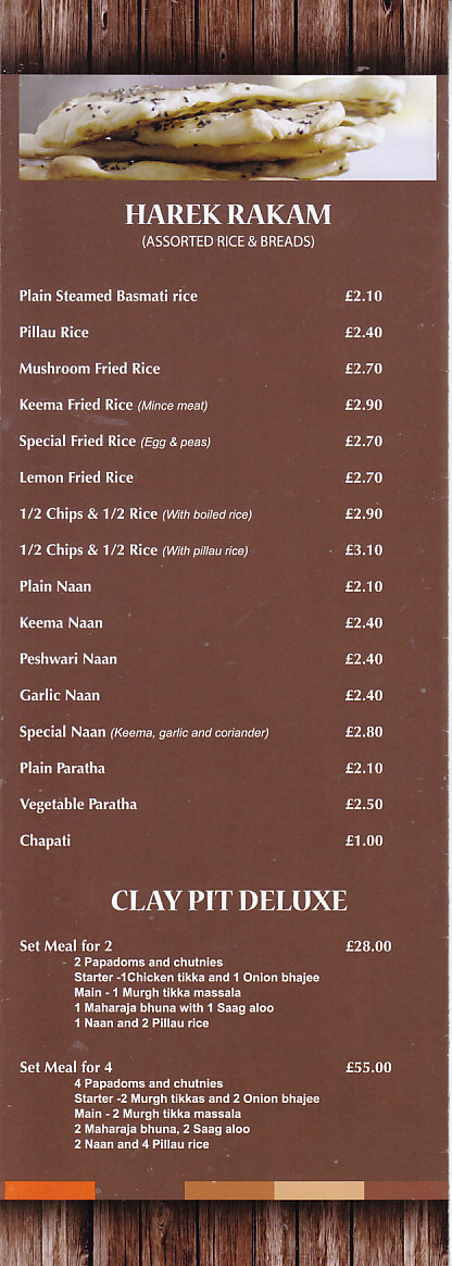 The Clay Pit Indian Takeaway in Penarth menu