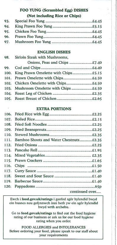 Menu of Happy Garden, Chinese Takeaway Dinas Powys