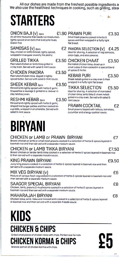 Menu Website of Saagor Indian takeaway Penarth