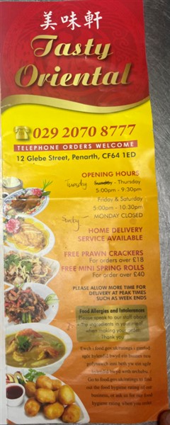 Menu of Tasty Oriental.Chinese Takeaway in Penarth