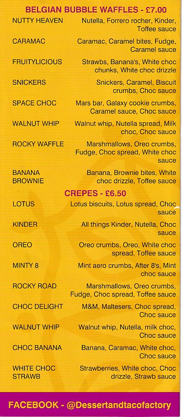 Menu of Dessert and Taco Factory, Barry