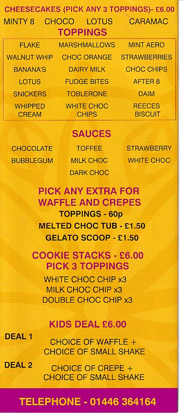 Menu of Dessert and Taco Factory, Barry