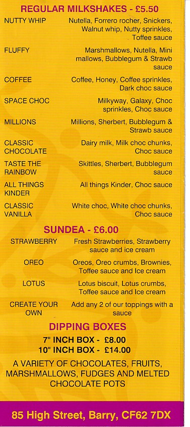 Menu of Dessert and Taco Factory, Barry