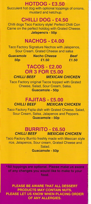 Menu of Dessert and Taco Factory, Barry