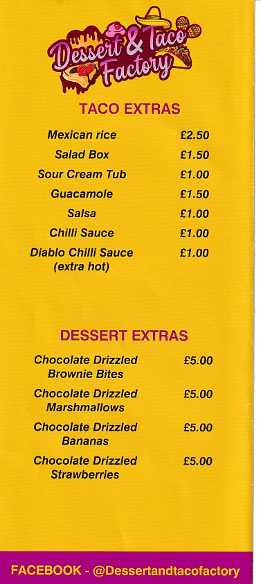 Menu of Dessert and Taco Factory, Barry